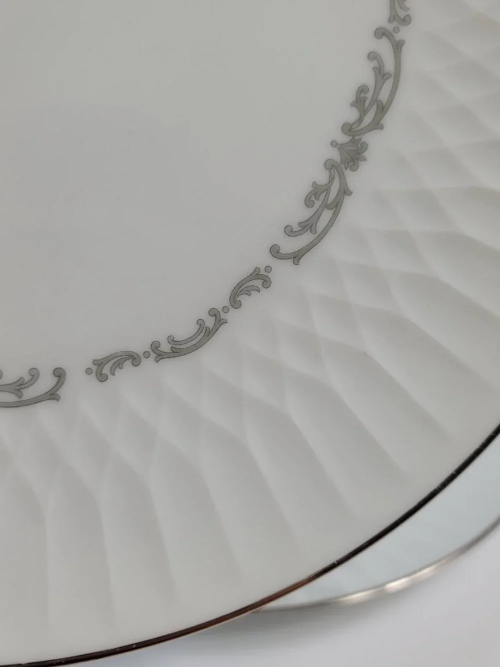TWO Noritake 6350 Camden Dinner Plates White with Gray Scrolls 10 5/8 Inch Plate